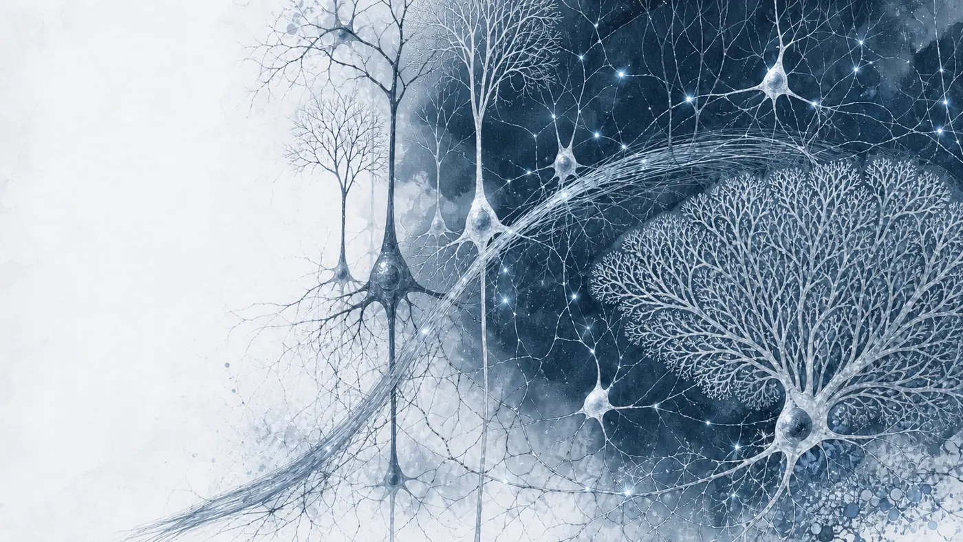 A cool white and blue atmospheric forest of branching neurons inspired by Golgi staining and Cajal drawings