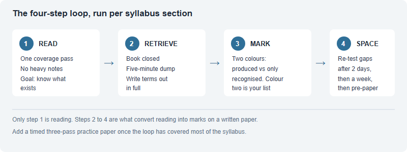 Four step study loop diagram: read once for coverage, write a closed book blank page dump, mark it in two colours, then re-test only the gaps after a spacing gap